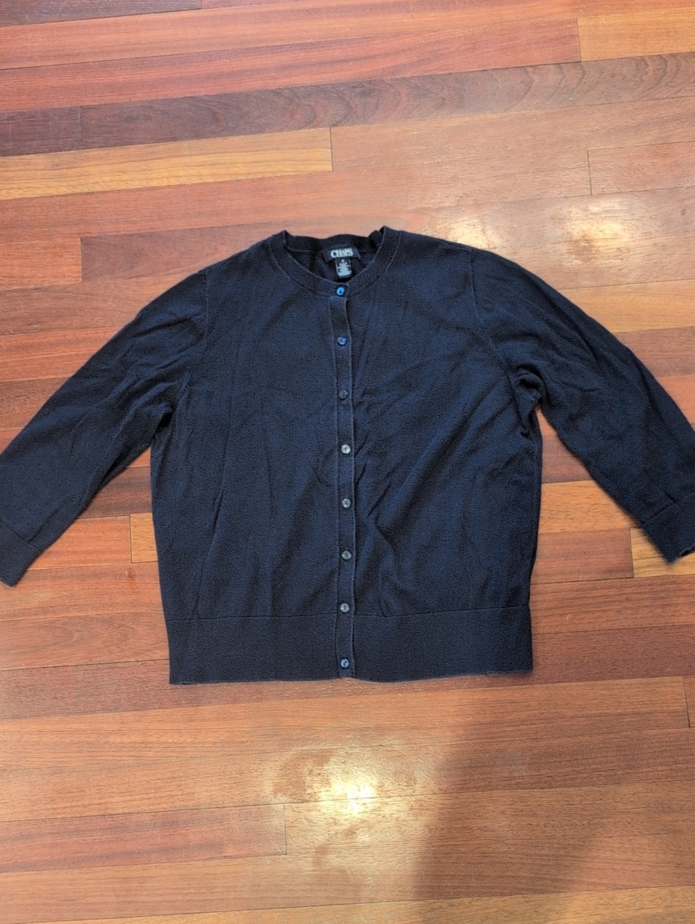 Women's Navy Blue Button-Front Cardigan Sweater Cropped Sleeve